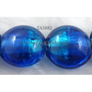 dichromatic lampwork glass beads with foil, flat-round, blue, 16-17mm dia