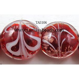 stripe lampwork glass beads, flat-round, red, 20mm dia