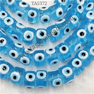 Blue Lampwork Glass Heishi Beads With Evil Eye, approx 7x11mm