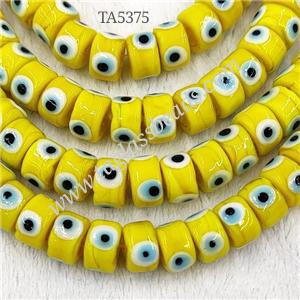 Yellow Lampwork Glass Heishi Beads With Evil Eye, approx 7x11mm