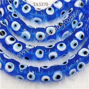 Skyblue Lampwork Glass Heishi Beads With Evil Eye, approx 6x9mm