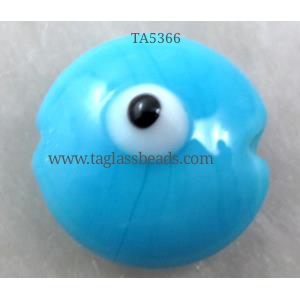 lampwork glass beads with evil eye, flat-round, aqua, 16mm dia