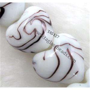 lampwork glass beads, heart, purple stripe, white, 15mm dia