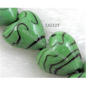 lampwork glass beads, heart, green stripe, white, 15mm dia