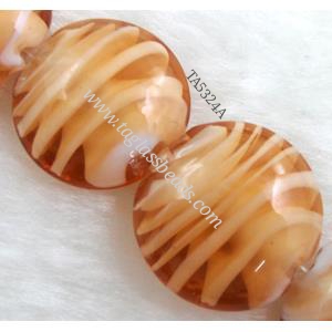 lampwork glass beads, flat-round, swirl line, orange, 20mm dia