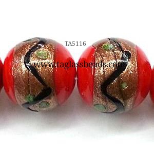 glass lampwork beads with goldsand, round, 14 mm