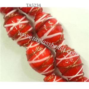 Lampwork Glass bead with goldsand, barrel, stripe, 15x23mm