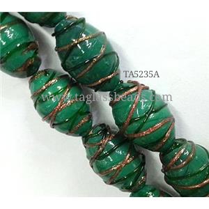 Lampwork Glass bead with goldsand, barrel, stripe, 15x23mm