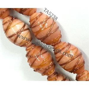 Lampwork Glass bead with goldsand, barrel, stripe, 15x23mm