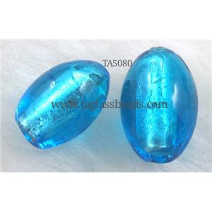 glass lampwork beads with silver foil, barrel, aqua, 11x16mm