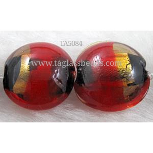 dichromatic lampwork glass beads with foil, flat-round, red, 16-17mm dia