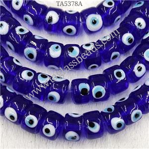 Deepblue Lampwork Glass Heishi Beads With Evil Eye, approx 7x11mm