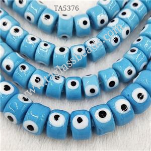 Blue Lampwork Glass Heishi Beads With Evil Eye, approx 7x11mm
