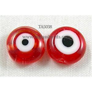 lampwork glass beads with evil eye, flat-round, red, 12mm dia