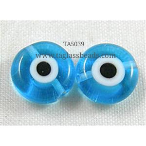 lampwork glass beads with evil eye, flat-round, blue, 12mm dia