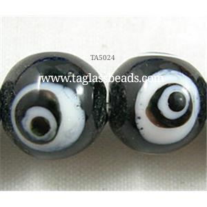 lampwork glass beads with evil eye, round, black, 12mm dia,