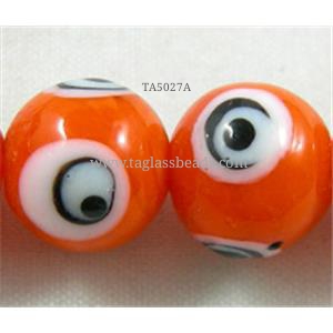 lampwork glass beads with evil eye, round, orange, 12mm dia