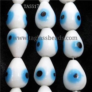 handmade white Lampwork Glass teardrop Beads with evil eye, approx 11-15mm