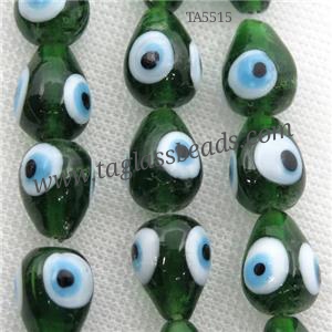 handmade green Lampwork Glass teardrop Beads with evil eye, approx 11-15mm