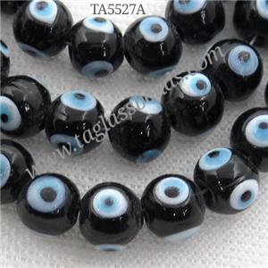 handmade black Lampwork Glass round Beads with evil eye, approx 6mm dia