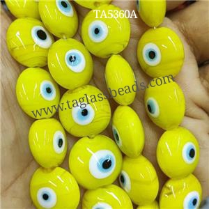 yellow Lampwork Glass button Beads with Evil Eye, approx 16mm
