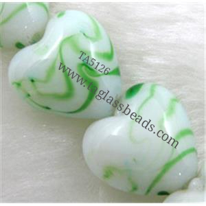 lampwork glass beads, heart, green stripe, white, 15mm dia