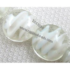 lampwork glass beads, flat-round, swirl line, clear, 20mm dia