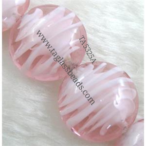 lampwork glass beads, flat-round, swirl line, pink, 20mm dia