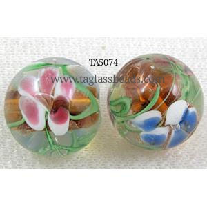 glass lampwork beads with goldsand, round, flower, red, 20mm dia