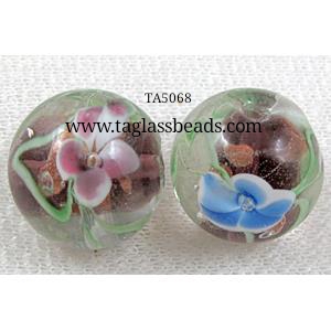 glass lampwork beads with goldsand, round, flower, purple, 20mm dia