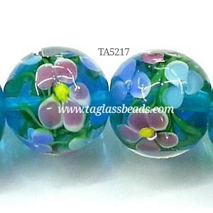 glass lampwork beads, round, flower, aqua, 20mm dia