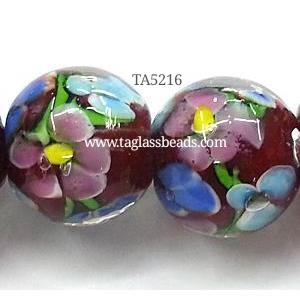 glass lampwork beads, round, flower, deep-red, 20mm dia