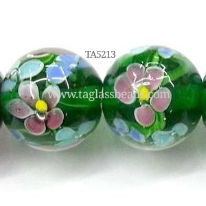 glass lampwork beads, round, flower, green, 20mm dia