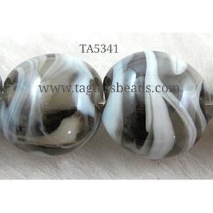 Lampwork glass bead, flat round, 16-17mm dia