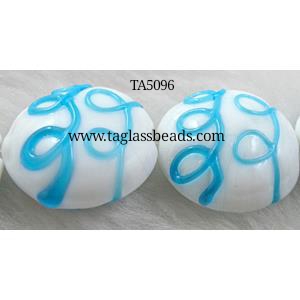 handcraft glass lampwork beads, flat-round, line, aqua, 20mm dia