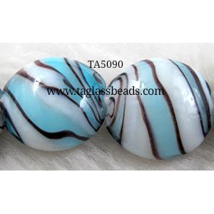 zebra lampwork glass beads, flat-round, blue, 20mm dia