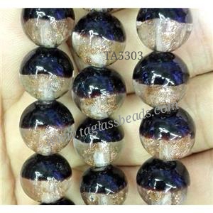 Lampwork glass bead within goldsand, round, double color, approx 12mm dia