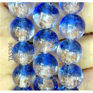 Lampwork glass bead within goldsand, round, double color, approx 12mm dia