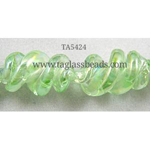 Green Handmade Plated with Color Twist Lampwork Beads, 12mm dia,20mm length,hole:1.5mm