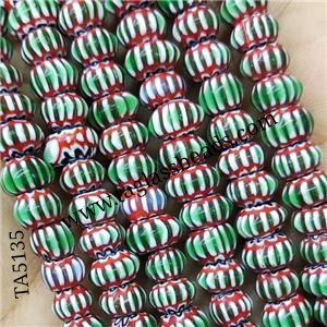 Nepal Style Green Lampwork Glass Rondelle Chevron Beads, approx 7-9mm