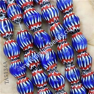 Nepal Style Blue Lampwork Glass Chevron Beads Barrel, approx 10-12mm