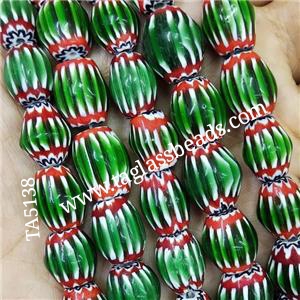 Nepal Style Green Lampwork Glass Chevron Beads Barrel, approx 12-15mm