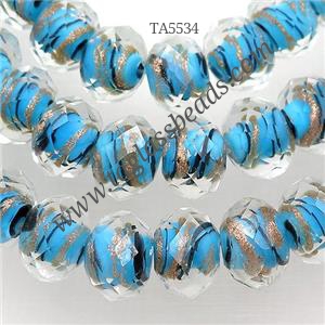 blue Lampwork glass beads, faceted rondelle, approx 10mm