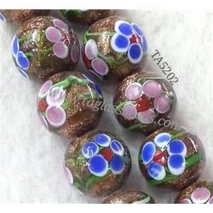 lampwork bead with flower and goldsand, round, 14mm dia