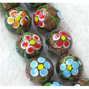 lampwork bead with flower and goldsand, round, 14mm dia