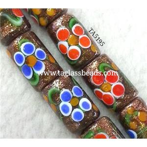 lampwork bead with flower and goldsand, round tube, 10x20mm