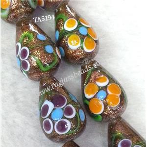 lampwork bead with flower and goldsand, teardrop, 12x18mm