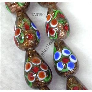 lampwork bead with flower and goldsand, teardrop, 12x18mm