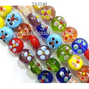 Lampwork Glass bead with flower, 12mm dia