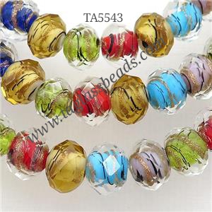 Lampwork glass beads, faceted rondelle, mixed color, approx 10mm